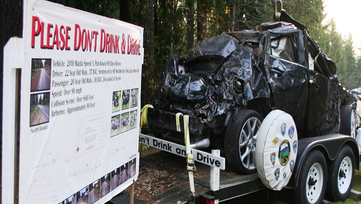 Image of a car wreck being towed away.