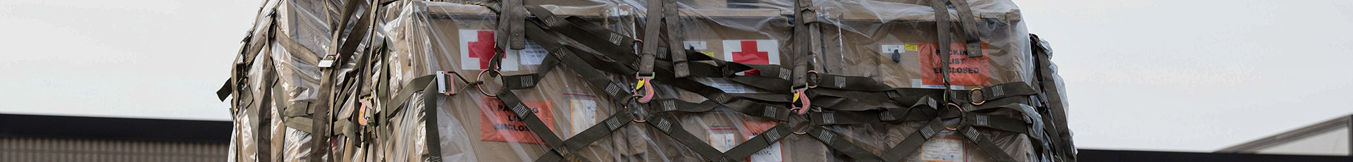 A large pallet of medical supplies is loaded for shipment from the 633d Logistic Readiness Squadron at Joint Base Langley-Eustis, Virginia, Feb. 16, 2023. Team JBLE mobilized large quantities of critically needed equipment to provide emergency humanitarian assistance in response to the 7.8 magnitude earthquake in Türkiye on Feb. 5, 2023, the worst earthquake to hit the region in almost a century. (U.S. Air Force photo by Senior Airman Chloe Shanes)