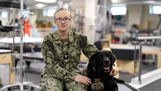 Link to Video: Hospital Corpsman 3rd Class Anna Burke , a dog handler at Walter Reed National Military Medical Center, speaks on the impacts of facility dogs at Walter Reed in the Military Advanced Training Center at Walter Reed in Bethesda, Maryland, June 28, 2023. 