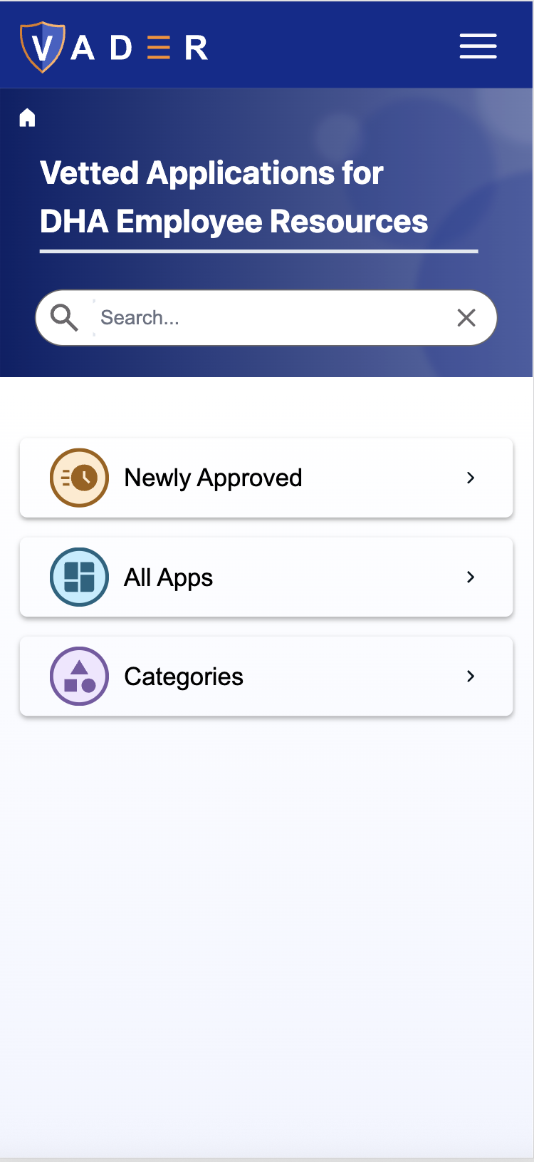 Screenshot of Vader home page