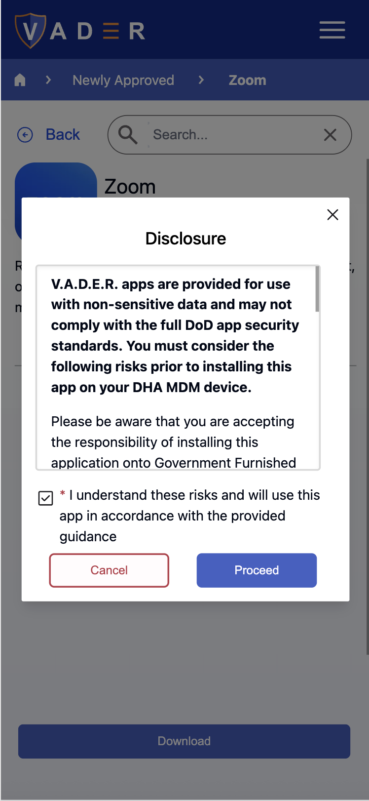 Screenshot of Disclosure popup