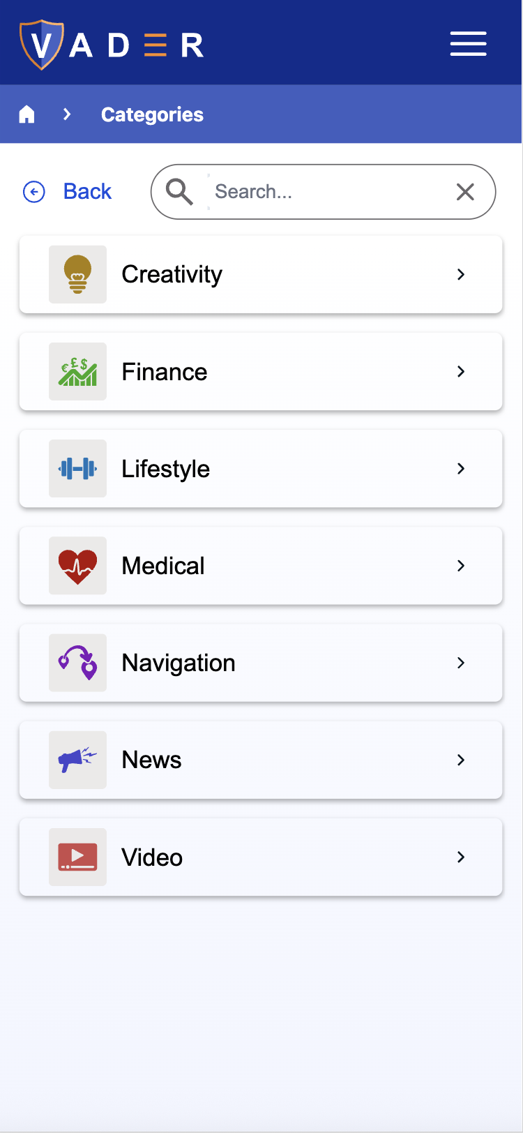 Screenshot of Categories Page