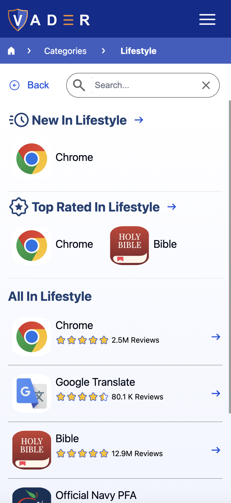 Screenshot of Apps in Lifestyle Category Page